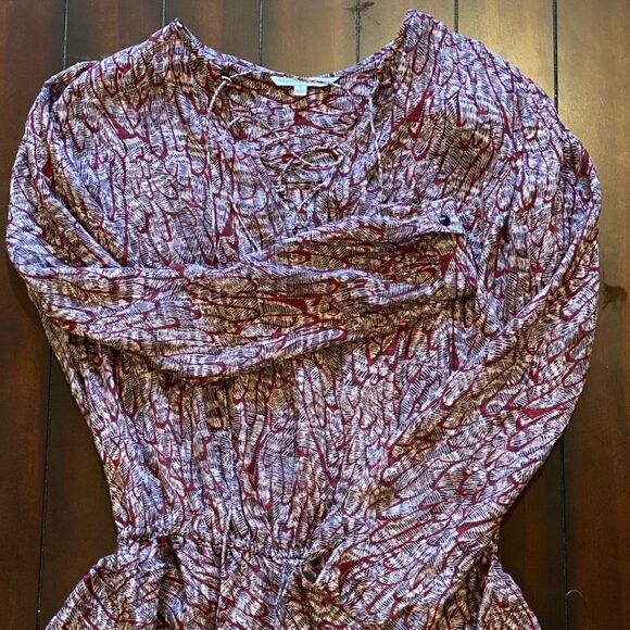 Rebecca Minkoff 100% Silk Maroon & Black Print Peplum Blouse Sz.S - Picture 8 of 10